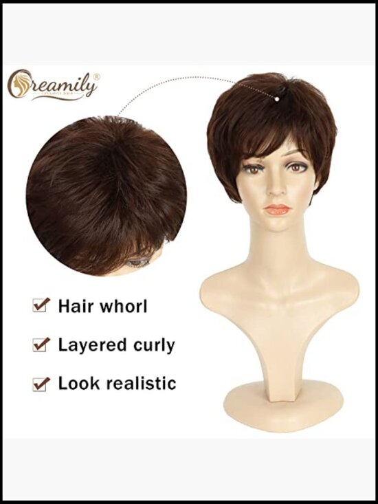 Short Pixie Cut Wigs with Bangs Layered Wavy Hair Synthetic Hair Replacement